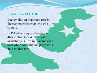 Energy play an important role in
the economic development of a
country.
In Pakistan supply of energy is
46.8 million tons & per capita
availability is 0.28 million tons per
year while consumption per year is
48.3 million tons.
ENERGY SECTOR
 