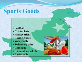 Football
Cricket bats
Hockey sticks
Boxing gloves
Volley balls
Swimming suits
Golf balls
Badminton rackets
Basketballs
 