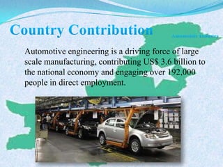 Automotive engineering is a driving force of large
scale manufacturing, contributing US$ 3.6 billion to
the national economy and engaging over 192,000
people in direct employment.
 