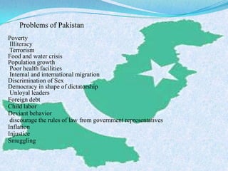 Problems of Pakistan
Poverty
Illiteracy
Terrorism
Food and water crisis
Population growth
Poor health facilities
Internal and international migration
Discrimination of Sex
Democracy in shape of dictatorship
Unloyal leaders
Foreign debt
Child labor
Deviant behavior
discourage the rules of law from government representatives
Inflation
Injustice
Smuggling
 