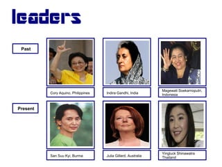 leaders
Cory Aquino, Philippines Indira Gandhi, India
Magewati Soekarnoputri,
Indonesia
San Suu Kyi, Burma Julia Gillard, ...