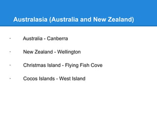 Melanesia
· Fiji - Suva
· New Caledonia - Nouméa
· Papua New Guinea - Port Moresby
· Solomon Islands - Honiara
· Vanuatu - Port Vila
 