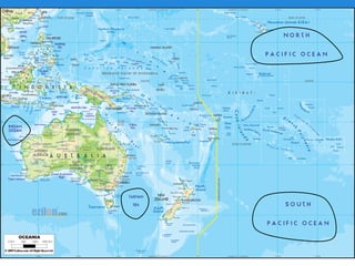Oceania - Relief
-Great Dividing
Range.
-Mount Cook
-Puncak Jaya [ punt aˈ ʃ
d aja]ˈ ʒ (Papua,
Indonesia)
-Great Victoria
Cook Mount
 
