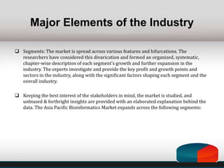 Major Elements of the Industry
 Segments: The market is spread across various features and bifurcations. The
researchers have considered this divarication and formed an organized, systematic,
chapter-wise description of each segment’s growth and further expansion in the
industry. The experts investigate and provide the key profit and growth points and
sectors in the industry, along with the significant factors shaping each segment and the
overall industry.
 Keeping the best interest of the stakeholders in mind, the market is studied, and
unbiased & forthright insights are provided with an elaborated explanation behind the
data. The Asia Pacific Bioinformatics Market expands across the following segments:
 