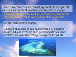 Increasing trend of coral bleaching events is recognized
as “clear and present problem” due to climate change
Other than climate change…
Impacts of Bleaching can be minimized by reducing
locally induced stresses such as sedimentation, land
reclamation, over harvesting, sewage/pollution etc.
However, we still have no sufficient way to reverse the
climate change trends and it’s impact to reefs yet.
 