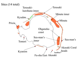 Kyuden
TerasakiTerasaki-
kurohana inner
Minata
Minata inner
Akasaki Coral
heads
Akasaki
Kyanion
Tomori
Pricia
Sea-man’s
inner Sea-man’s
Ohganeku
coast
Sites (14 total)
Fu-sha East
 