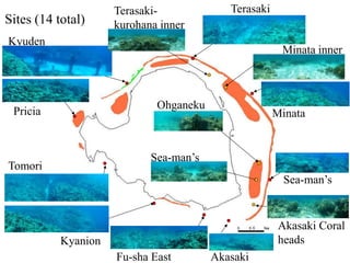Kyuden
TerasakiTerasaki-
kurohana inner
Minata
Minata inner
Akasaki Coral
heads
Akasaki
Kyanion
Tomori
Pricia
Sea-man’s
inner
Sea-man’s
Ohganeku
coast
Sites (14 total)
Fu-sha East
 