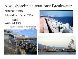 Also, shoreline alterations: Breakwater
Natural: < 60%
Altered: artificial: 27%
semi-
artificial:13%
(source: Ministry of environment
survey in 1982)
 