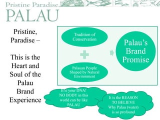 Pristine,
Paradise –
This is the
Heart and
Soul of the
Palau
Brand
Experience
Tradition of
Conservation
Palauan People
Shaped by Natural
Environment
Palau’s
Brand
Promise
It is your DNA!
NO BODY in this
world can be like
PALAU
It is the REASON
TO BELIEVE
Why Palau (water)
is so profound
 