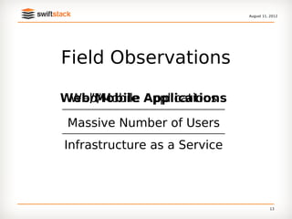 August 11, 2012




Field Observations

Web/Mobile Applications
 Web/Mobile Applications

 Massive Number of Users
Infrastructure as a Service




                                        13
 