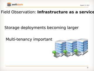 August 11, 2012




Field Observation: Infrastructure as a service



 Storage deployments becoming larger


  Multi-tenancy important




                                                 34
 