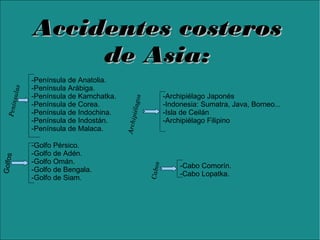 Accidentes costerosAccidentes costeros
de Asia:de Asia:
-Península de Anatolia.
-Península Arábiga.
-Península de Kamchatka.
-Península de Corea.
-Península de Indochina.
-Península de Indostán.
-Península de Malaca.
-Golfo Pérsico.
-Golfo de Adén.
-Golfo Omán.
-Golfo de Bengala.
-Golfo de Siam.
-Archipiélago Japonés
-Indonesia: Sumatra, Java, Borneo...
-Isla de Ceilán
-Archipiélago Filipino
-Cabo Comorín.
-Cabo Lopatka.
Archipiélagos
Cabos
GolfosPenínsulas
 