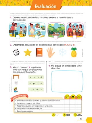 29
• Entiendo acerca de los textos que sirven para convencer.
• Leo y escribo con la letra M m.
• Reconozco cuales son las partes de una carta.
• Leo y escribo las letras Nn, Ññ, Dn.
• Describo personajes.
Autoevaluación
1. Ordena la secuencia de la historia y coloca el número que le
corresponde:
2. Encierra los dibujos de las palabras que contengan m, n, ñ y d:
3. Marca con una X la primera
letra con la que empiezan los
dibujos a continuación:
CE.LL.2.1. Diferencia la intención comunicativa de diversos textos de uso cotidiano (periódicos, revistas, correspondencia, publicidad, campañas socia-
les, etc.) y expresa con honestidad, opiniones valorativas sobre la utilidad de su información.
CE.LL.2.9. Utiliza elementos de la lengua apropiados para diferentes tipos de textos narrativos y descriptivos; para comunicar ideas con eficiencia.
CE.LL.2.9. Utiliza elementos de la lengua apropiados para diferentes
tipos de textos narrativos y descriptivos; para comunicar ideas con efi-
ciencia.
4. Me dibujo en el recuadro y me
describo.
CE.LL.2.5. Comprende contenidos implícitos y explícitos, emite crite-
rios, opiniones y juicios de valor sobre textos literarios y no literarios.
Evaluación
e s m d
o p d n
i t ñ n
Lo logré En
proceso
©Freepick.com
©Freepick.com
©
Olga1818/Shutterstock.com
©Freepick.com
(Adaptación)
 