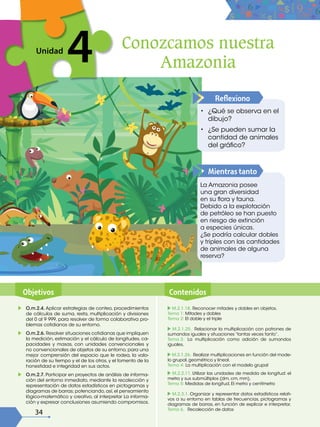 Mientras tanto
Reflexiono
La Amazonia posee
una gran diversidad
en su flora y fauna.
Debido a la explotación
de petróleo se han puesto
en riesgo de extinción
a especies únicas.
¿Se podría calcular dobles
y triples con las cantidades
de animales de alguna
reserva?
• ¿Qué se observa en el
dibujo?
• ¿Se pueden sumar la
cantidad de animales
del gráfico?
Conozcamos nuestra
Amazonia
34
4
Unidad
4
Objetivos Contenidos
M.2.1.18. Reconocer mitades y dobles en objetos.
Tema 1: Mitades y dobles
Tema 2: El doble y el triple
M.2.1.25. Relacionar la multiplicación con patrones de
sumandos iguales y situaciones “tantas veces tanto”.
Tema 3: La multiplicación como adición de sumandos
iguales.
M.2.1.26. Realizar multiplicaciones en función del mode-
lo grupal, geométrico y lineal.
Tema 4: La multiplicación con el modelo grupal
M.2.2.11. Utilizar las unidades de medida de longitud: el
metro y sus submúltiplos (dm, cm, mm).
Tema 5: Medidas de longitud. El metro y centímetro
M.2.3.1. Organizar y representar datos estadísticos relati-
vos a su entorno en tablas de frecuencias, pictogramas y
diagramas de barras, en función de explicar e interpretar.
Tema 6. Recolección de datos
O.m.2.4. Aplicar estrategias de conteo, procedimientos
de cálculos de suma, resta, multiplicación y divisiones
del 0 al 9 999, para resolver de forma colaborativa pro-
blemas cotidianos de su entorno.
O.m.2.6. Resolver situaciones cotidianas que impliquen
la medición, estimación y el cálculo de longitudes, ca-
pacidades y masas, con unidades convencionales y
no convencionales de objetos de su entorno, para una
mejor comprensión del espacio que le rodea, la valo-
ración de su tiempo y el de los otros, y el fomento de la
honestidad e integridad en sus actos.
O.m.2.7. Participar en proyectos de análisis de informa-
ción del entorno inmediato, mediante la recolección y
representación de datos estadísticos en pictogramas y
diagramas de barras; potenciando,así,el pensamiento
lógico-matemático y creativo, al interpretar La informa-
ción y expresar conclusiones asumiendo compromisos.
 