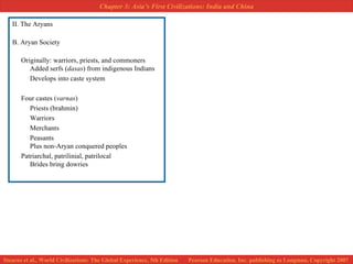 II. The Aryans B. Aryan Society Originally: warriors, priests, and commoners Added serfs ( dasas ) from indigenous Indians Develops into caste system Four castes ( varnas ) Priests (brahmin) Warriors Merchants Peasants Plus non-Aryan conquered peoples Patriarchal, patrilinial, patrilocal Brides bring dowries 