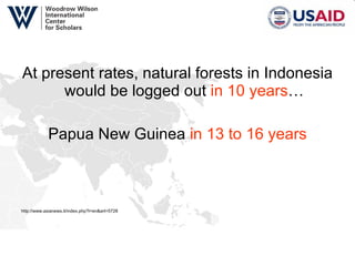 At present rates, natural forests in Indonesia would be logged out  in 10 years … Papua New Guinea  in 13 to 16 years http://www.asianews.it/index.php?l=en&art=5728 