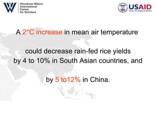 A  2°C increase  in mean air temperature  could decrease rain-fed rice yields by 4 to 10% in South Asian countries, and by  5 to12%  in China.  