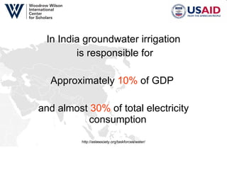 In India groundwater irrigation is responsible for Approximately  10%  of GDP  and almost  30%  of total electricity consumption http://asiasociety.org/taskforces/water/ 