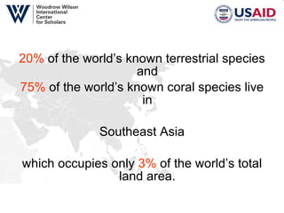 20%  of the world’s known terrestrial species and 75%  of the world’s known coral species live in Southeast Asia which occupies only  3%  of the world’s total land area. 