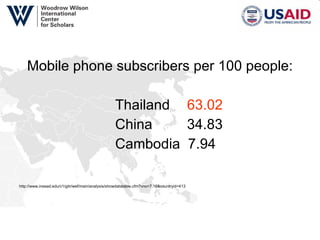 Mobile phone subscribers per 100 people: Thailand    63.02   China    34.83 Cambodia  7.94 http://www.insead.edu/v1/gitr/wef/main/analysis/showdatatable.cfm?vno=7.16&countryid=413   