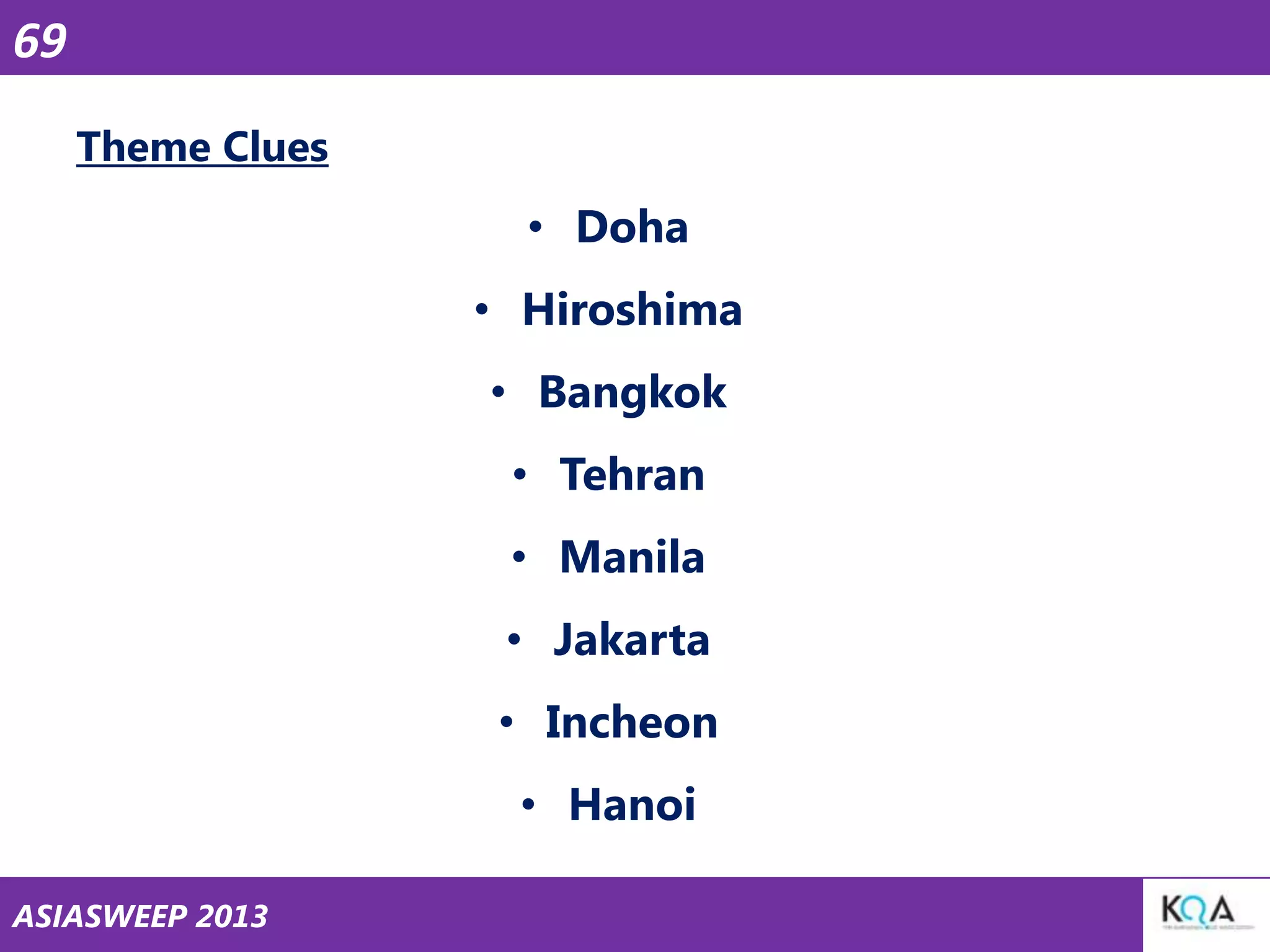 69
Theme Clues

• Doha

• Hiroshima
• Bangkok
• Tehran
• Manila
• Jakarta
• Incheon
• Hanoi
ASIASWEEP 2013

 