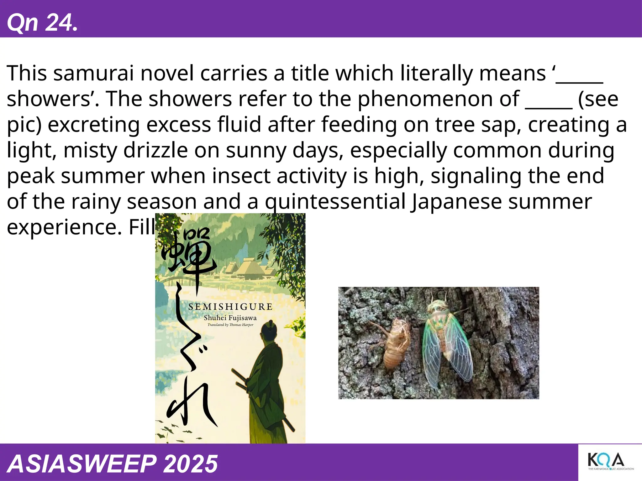 ASIASWEEP 2025
Qn 24.
This samurai novel carries a title which literally means ‘_____
showers’. The showers refer to the phenomenon of _____ (see
pic) excreting excess fluid after feeding on tree sap, creating a
light, misty drizzle on sunny days, especially common during
peak summer when insect activity is high, signaling the end
of the rainy season and a quintessential Japanese summer
experience. Fill up the blank.
 