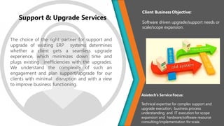 The choice of the right partner for support and
upgrade of existing ERP systems determines
whether a client gets a seamless upgrade
experience, which minimizes down time and
plugs existing inefficiencies with the upgrades.
We understand the complexity of such an
engagement and plan support/upgrade for our
clients with minimal disruption and with a view
to improve business functioning.
Support & Upgrade Services
Client Business Objective:
Software driven upgrade/support needs or
scale/scope expansion.
Asiatech’s ServiceFocus:
Technical expertise for complex support and
upgrade execution, business process
understanding and IT execution for scope
expansion and hardware/software resource
consulting/implementation for scale.
 