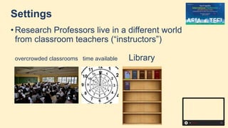 Settings
• Research Professors live in a different world
from classroom teachers (“instructors”)
overcrowded classrooms time available Library
 