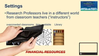 Settings
• Research Professors live in a different world
from classroom teachers (“instructors”)
overcrowded classrooms time available Library
FINANCIAL RESOURCES
 