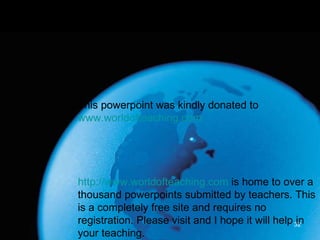 This powerpoint was kindly donated to  www.worldofteaching.com http://www.worldofteaching.com  is home to over a thousand powerpoints submitted by teachers. This is a completely free site and requires no registration. Please visit and I hope it will help in your teaching. 