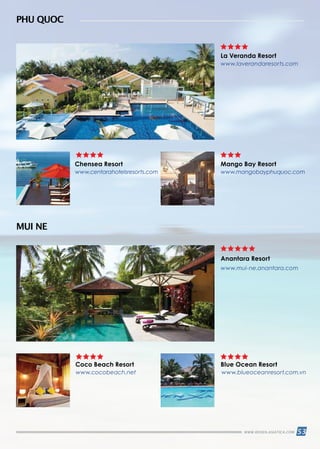 53WWW.REISEN.ASIATICA.COM
La Veranda Resort
Mango Bay Resort
Anantara Resort
Blue Ocean ResortCoco Beach Resort
Chensea Resort
MUI NE
PHU QUOC
www.laverandaresorts.com
www.mangobayphuquoc.com
www.mui-ne.anantara.com
www.cocobeach.net www.blueoceanresort.com.vn
www.centarahotelsresorts.com
 