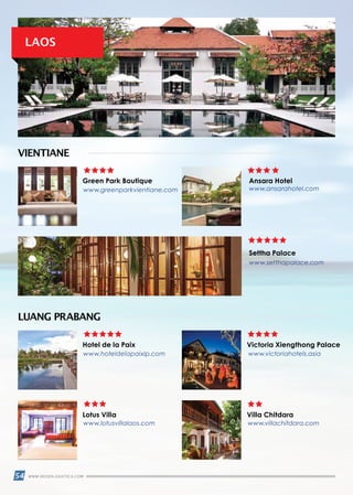 54 WWW.REISEN.ASIATICA.COM
LAOS
LUANG PRABANG
VIENTIANE
Green Park Boutique
Hotel de la Paix
Lotus Villa
Victoria Xiengthong Palace
Villa Chitdara
Ansara Hotel
Settha Palace
www.greenparkvientiane.com
www.hoteldelapaixlp.com
www.lotusvillalaos.com www.villachitdara.com
www.victoriahotels.asia
www.ansarahotel.com
www.setthapalace.com
 