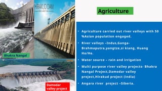 • Agriculture carried out river valleys with 50
%Asian population engaged.
• River valleys –Indus,Ganga-
Brahmaputra,yangtze,si kiang, Huang
Ho/He.
• Water source – rain and irrigation
• Multi purpose river valley projects- Bhakra
Nangal Project,Damodar valley
project,Hirakud project (india)
• Angara river project –Siberia.
Bhakra Nangal
Damodar
valley project
Agriculture
 