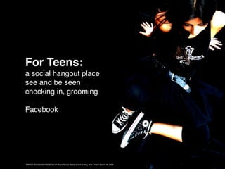 For Teens:
a social hangout place
see and be seen
checking in, grooming

Facebook




PARTLY SOURCED FROM: Danah Boyd “Social Media is here to stay, Now what?” March 16, 2009
 
