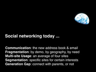 Social networking today ...

Communication: the new address book & email
Fragmentation: by demo, by geography, by need
Multi-site Usage: an average of four sites
Segmentation: speciﬁc sites for certain interests
Generation Gap: connect with parents, or not
 