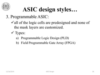 ASIC design styles…
3. Programmable ASIC:
all of the logic cells are predesigned and none of
the mask layers are customized.
 Types:
a) Programmable Logic Design (PLD)
b) Field Programmable Gate Array (FPGA)
12/16/2019 ASIC Design 26
 