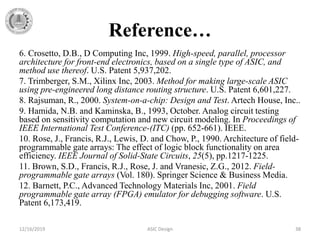 Reference…
6. Crosetto, D.B., D Computing Inc, 1999. High-speed, parallel, processor
architecture for front-end electronics, based on a single type of ASIC, and
method use thereof. U.S. Patent 5,937,202.
7. Trimberger, S.M., Xilinx Inc, 2003. Method for making large-scale ASIC
using pre-engineered long distance routing structure. U.S. Patent 6,601,227.
8. Rajsuman, R., 2000. System-on-a-chip: Design and Test. Artech House, Inc..
9. Hamida, N.B. and Kaminska, B., 1993, October. Analog circuit testing
based on sensitivity computation and new circuit modeling. In Proceedings of
IEEE International Test Conference-(ITC) (pp. 652-661). IEEE.
10. Rose, J., Francis, R.J., Lewis, D. and Chow, P., 1990. Architecture of field-
programmable gate arrays: The effect of logic block functionality on area
efficiency. IEEE Journal of Solid-State Circuits, 25(5), pp.1217-1225.
11. Brown, S.D., Francis, R.J., Rose, J. and Vranesic, Z.G., 2012. Field-
programmable gate arrays (Vol. 180). Springer Science & Business Media.
12. Barnett, P.C., Advanced Technology Materials Inc, 2001. Field
programmable gate array (FPGA) emulator for debugging software. U.S.
Patent 6,173,419.
12/16/2019 ASIC Design 38
 