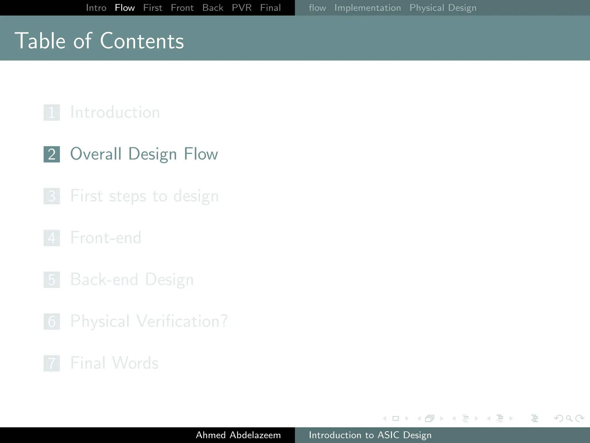 Intro Flow First Front Back PVR Final flow Implementation Physical Design
Table of Contents
1 Introduction
2 Overall Design Flow
3 First steps to design
4 Front-end
5 Back-end Design
6 Physical Verification?
7 Final Words
Ahmed Abdelazeem Introduction to ASIC Design
 