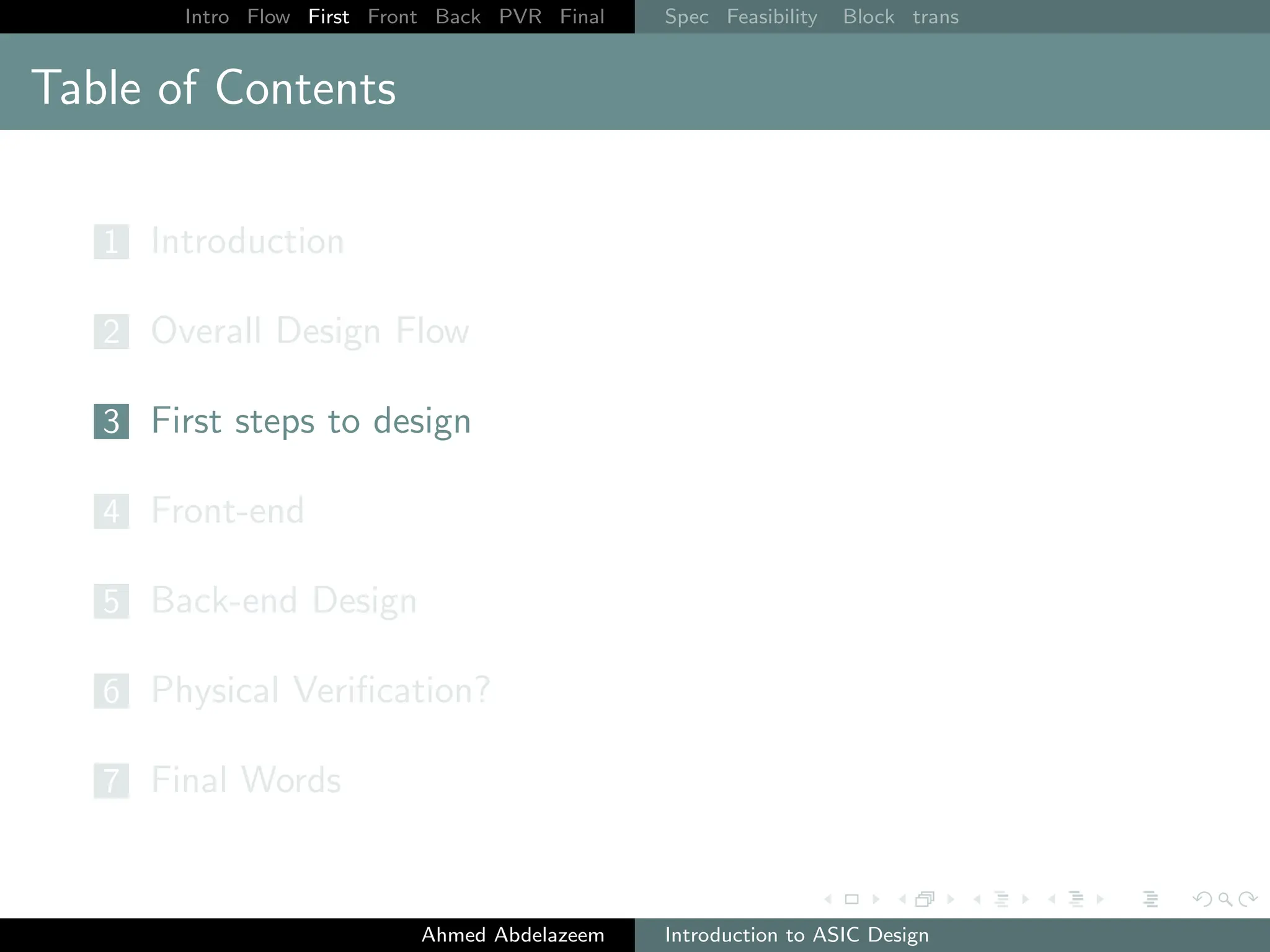 Intro Flow First Front Back PVR Final Spec Feasibility Block trans
Table of Contents
1 Introduction
2 Overall Design Flow
3 First steps to design
4 Front-end
5 Back-end Design
6 Physical Verification?
7 Final Words
Ahmed Abdelazeem Introduction to ASIC Design
 