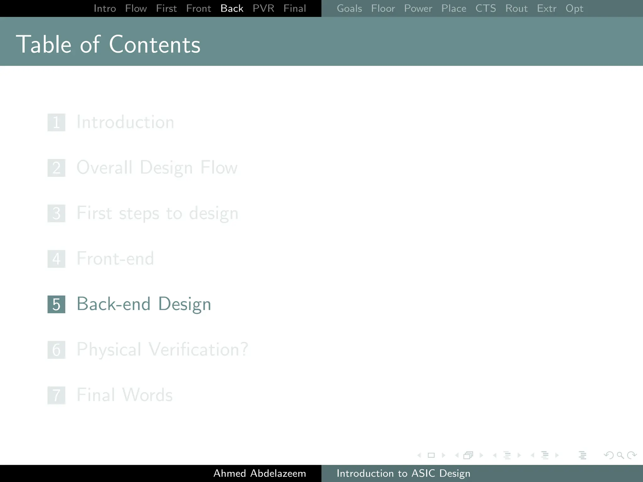 Intro Flow First Front Back PVR Final Goals Floor Power Place CTS Rout Extr Opt
Table of Contents
1 Introduction
2 Overall Design Flow
3 First steps to design
4 Front-end
5 Back-end Design
6 Physical Verification?
7 Final Words
Ahmed Abdelazeem Introduction to ASIC Design
 