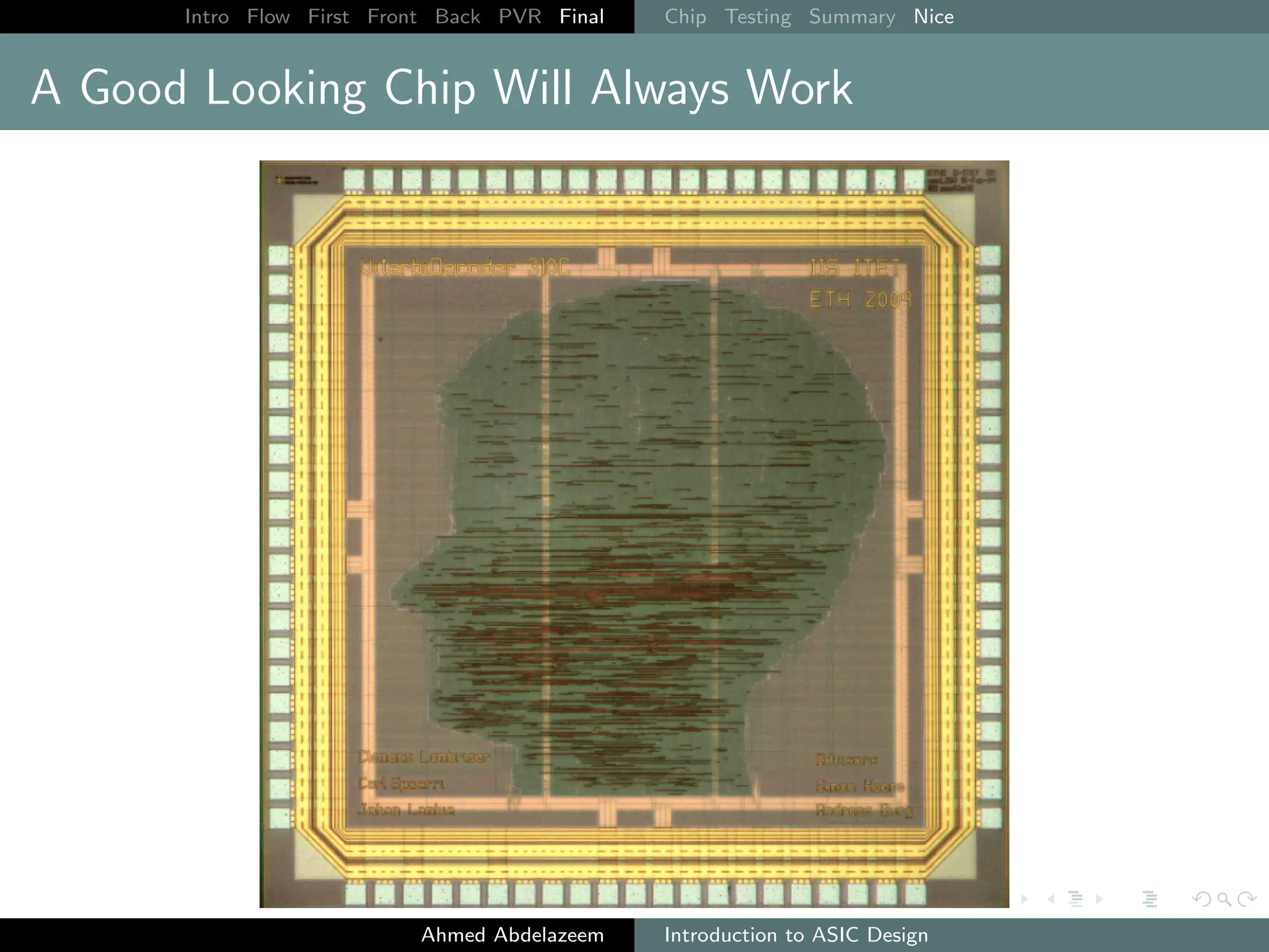 Intro Flow First Front Back PVR Final Chip Testing Summary Nice
A Good Looking Chip Will Always Work
Ahmed Abdelazeem Introduction to ASIC Design
 