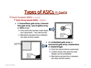 9
Types of ASICs –Types of ASICs – Cont’dCont’d
 Semi-Custom ASICs – Cont’d
 Gate Array based ASICs - Cont’d
August 28 2012
 