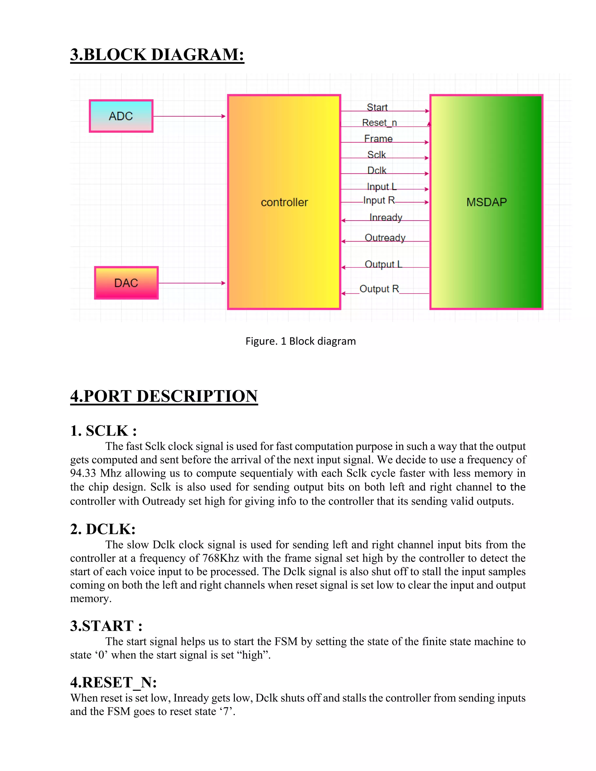3.BLOCK DIAGRAM:
Figure. 1 Block diagram
4.PORT DESCRIPTION
1. SCLK :
The fast Sclk clock signal is used for fast computation purpose in such a way that the output
gets computed and sent before the arrival of the next input signal. We decide to use a frequency of
94.33 Mhz allowing us to compute sequentialy with each Sclk cycle faster with less memory in
the chip design. Sclk is also used for sending output bits on both left and right channel to the
controller with Outready set high for giving info to the controller that its sending valid outputs.
2. DCLK:
The slow Dclk clock signal is used for sending left and right channel input bits from the
controller at a frequency of 768Khz with the frame signal set high by the controller to detect the
start of each voice input to be processed. The Dclk signal is also shut off to stall the input samples
coming on both the left and right channels when reset signal is set low to clear the input and output
memory.
3.START :
The start signal helps us to start the FSM by setting the state of the finite state machine to
state ‘0’ when the start signal is set “high”.
4.RESET_N:
When reset is set low, Inready gets low, Dclk shuts off and stalls the controller from sending inputs
and the FSM goes to reset state ‘7’.
 