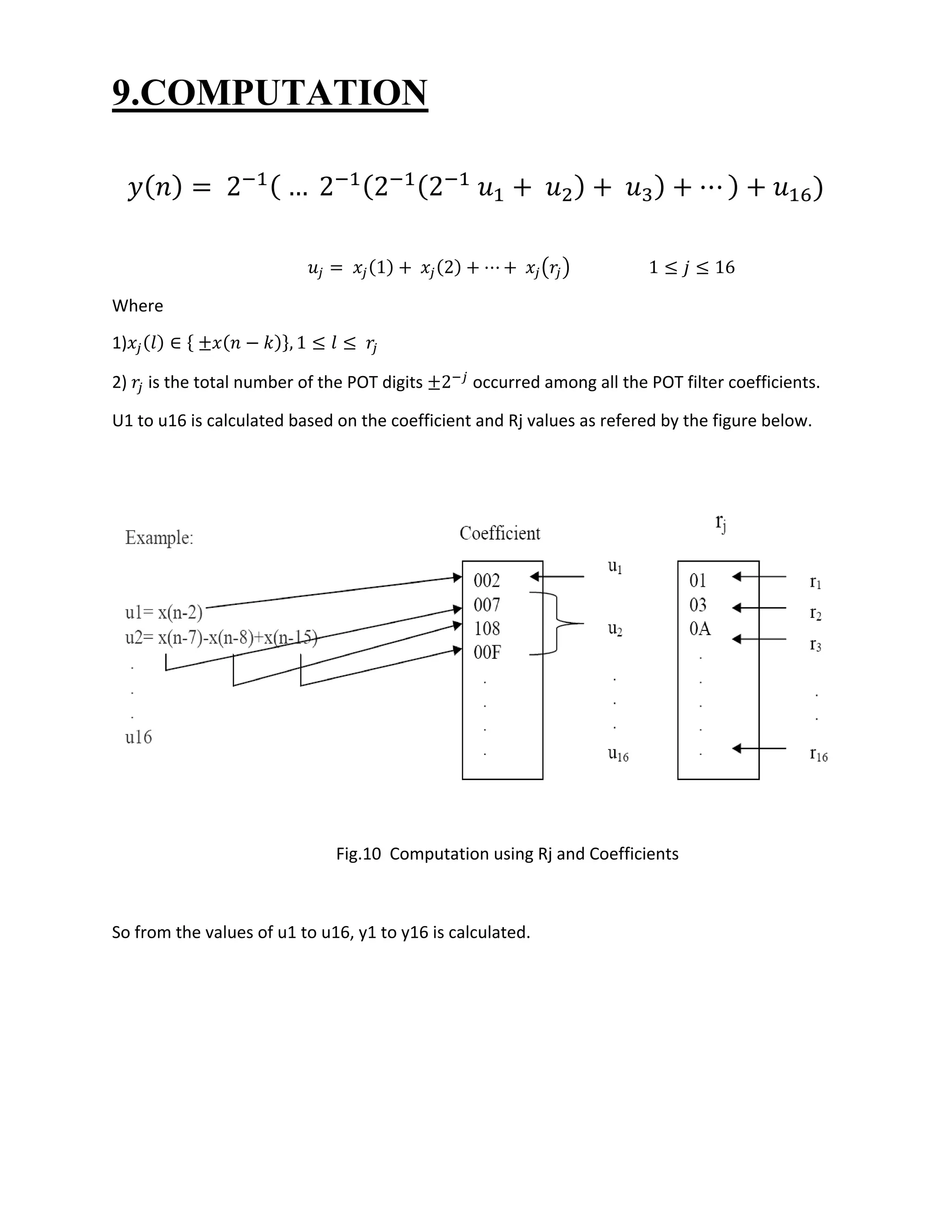 9.COMPUTATION
𝑦( 𝑛) = 2−1( … 2−1(2−1(2−1
𝑢1 + 𝑢2) + 𝑢3) + ⋯ ) + 𝑢16)
𝑢𝑗 = 𝑥𝑗(1) + 𝑥𝑗(2) + ⋯ + 𝑥𝑗(𝑟𝑗) 1 ≤ 𝑗 ≤ 16
Where
1)𝑥𝑗(𝑙) ∈ { ±𝑥(𝑛 − 𝑘)}, 1 ≤ 𝑙 ≤ 𝑟𝑗
2) 𝑟𝑗 is the total number of the POT digits ±2−𝑗
occurred among all the POT filter coefficients.
U1 to u16 is calculated based on the coefficient and Rj values as refered by the figure below.
Fig.10 Computation using Rj and Coefficients
So from the values of u1 to u16, y1 to y16 is calculated.
e
s
on
P
 