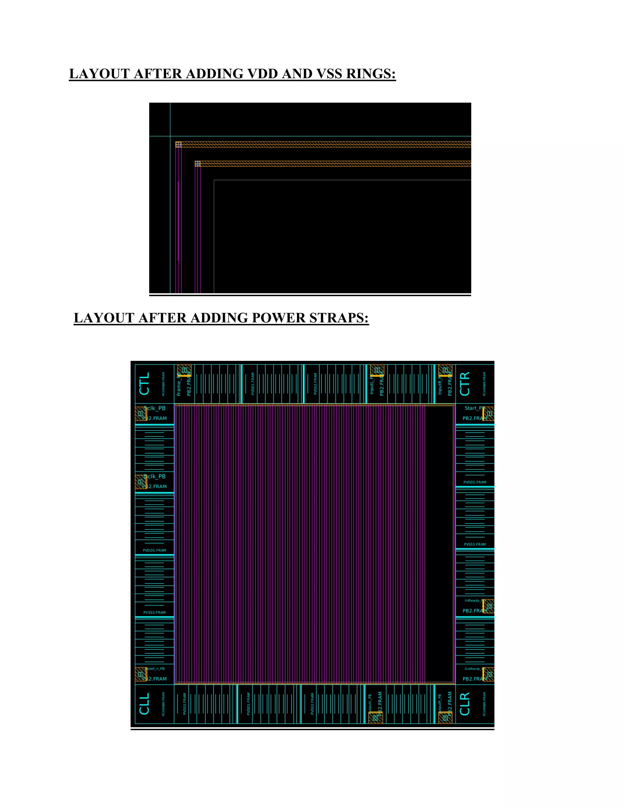 LAYOUT AFTER ADDING VDD AND VSS RINGS:
LAYOUT AFTER ADDING POWER STRAPS:
 