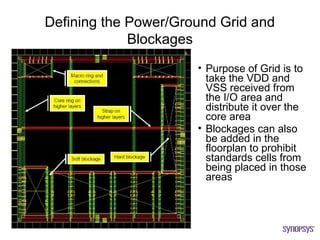 Defining the Power/Ground Grid and
             Blockages
                      • Purpose of Grid is to
                        take the VDD and
                        VSS received from
                        the I/O area and
                        distribute it over the
                        core area
                      • Blockages can also
                        be added in the
                        floorplan to prohibit
                        standards cells from
                        being placed in those
                        areas
 