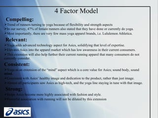 4 Factor Model Compelling:   Trend of runners turning to yoga because of flexibility and strength aspects In our survey, 47% of female runners also stated that they have done or currently do yoga.  Most importantly, there are very few mass yoga apparel brands, i.e. Lululemon Athletica.   Relevant:   Yoga adds advanced technology aspect for Asics, solidifying that level of expertise.  Elevates Asics into the apparel market which has low awareness in their current consumers.  This extension will also help further their current running apparel that many consumers do not currently consider.  Consistent:   Yoga as an extension of the “mind” aspect which is a core value for Asics; sound body, sound  mind.   Consistent with Asics’ healthy image and dedication to the product, rather than just image.  Almost all participants saw Asics as high-tech, and the yoga line staying in tune with that image. Strong:   Helps Asics become more highly associated with fashion and style.  Powerful association with running will not be diluted by this extension 