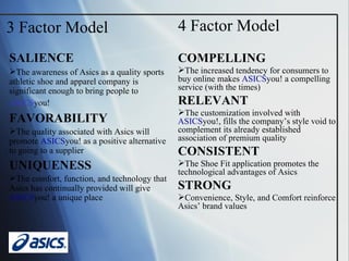 SALIENCE The awareness of Asics as a quality sports athletic shoe and apparel company is significant enough to bring people to  ASICS you!   FAVORABILITY The quality associated with Asics will promote  ASICS you! as a positive alternative to going to a supplier UNIQUENESS The comfort, function, and technology that Asics has continually provided will give  ASICS you! a unique place 3 Factor Model 4 Factor Model COMPELLING The increased tendency for consumers to buy online makes  ASICS you! a compelling service (with the times) RELEVANT The customization involved with  ASICS you!, fills the company’s style void to complement its already established association of premium quality  CONSISTENT The Shoe Fit application promotes the technological advantages of Asics STRONG Convenience, Style, and Comfort reinforce Asics’ brand values 