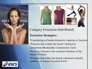 ASICS  YOGA Category Extension (Sub-Brand) Extension Strategies: Capitalizing on brands distinctive expertise in function Products that contain the brand’s distinctive  component (Biomorphic Compression Tech)  Products relevant to the customer franchise of the brand (Women) Products that reflect the brand’s distinctive benefit, attribute, or feature (Comfort & Fit) 