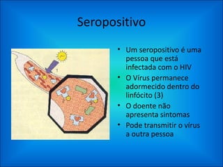 Seropositivo Um seropositivo é uma pessoa que está infectada com o HIV O Vírus permanece adormecido dentro do linfócito (3) O doente não apresenta sintomas Pode transmitir o vírus a outra pessoa 